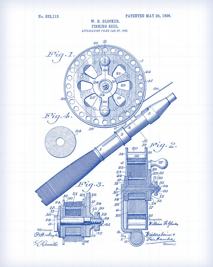 Fishing Reel Patent Drawing Painting by Gary Grayson