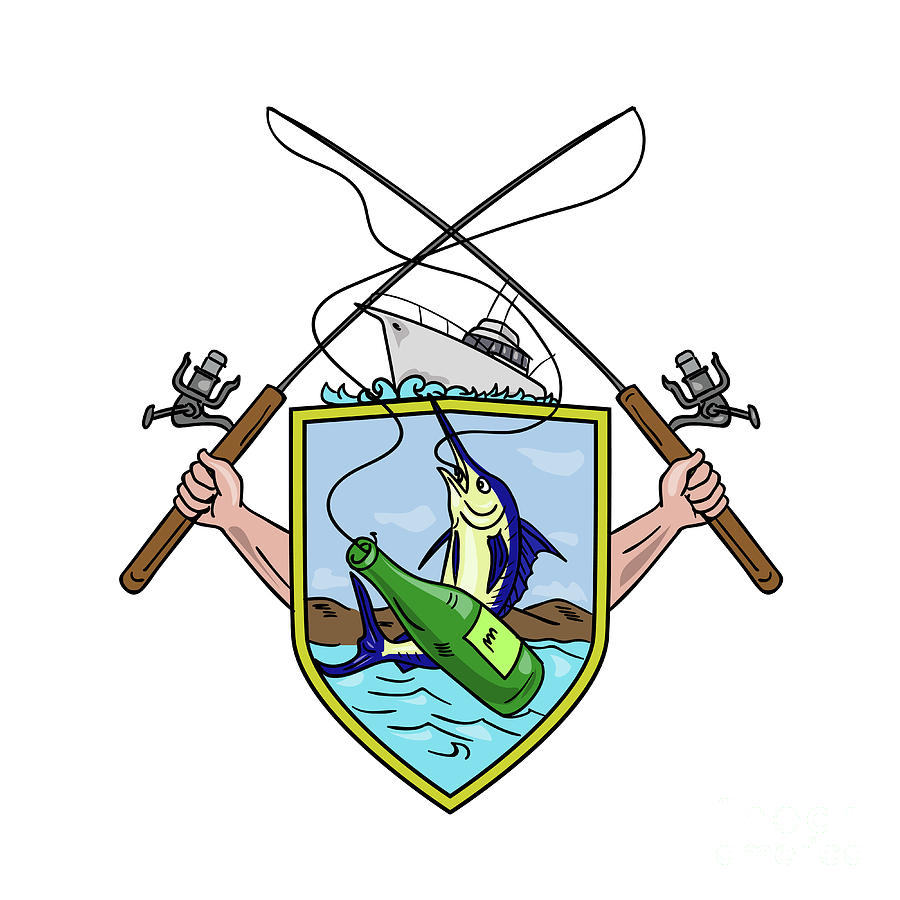 Fish Digital Art - Fishing Rod Reel Blue Marlin Beer Bottle Coat of Arms Drawing by Aloysius Patrimonio