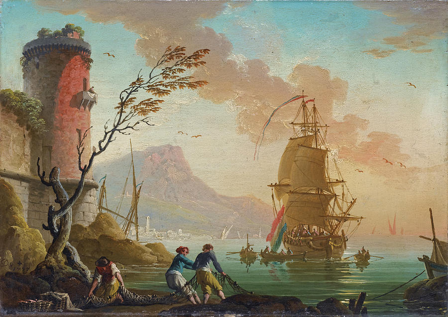 Fishing Scene in a Harbor Painting by Charles-Francois Lacroix de Marseille