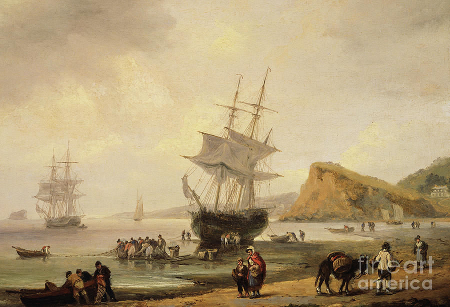 Boat Painting - Fishing scene, Teignmouth Beach and the Ness, 1831 by Thomas Luny