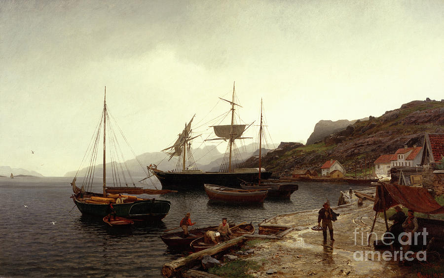 Fishing smack in harbor, Kleven, Mandal  Painting by O Vaering