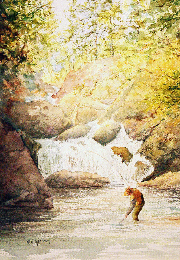 Waterfall Painting - Fishing the Falls by Ken Marsden