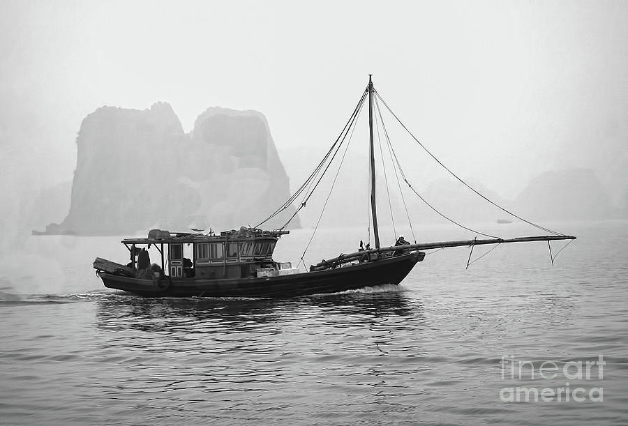 Fishing Trolley Ha Long Bay Vietnam BW Photograph by Chuck Kuhn
