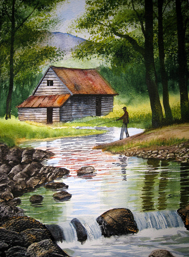 Fishing Upstream Painting by Shirley Braithwaite Hunt