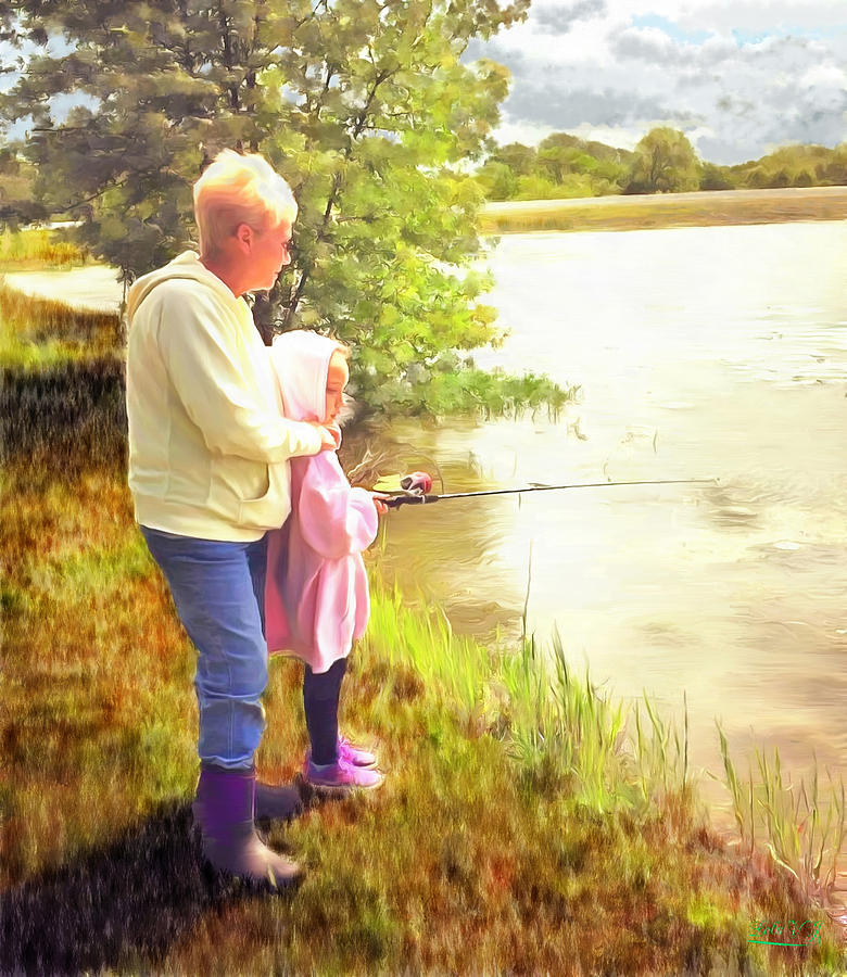 Tree Painting - Fishing with Grandma by Lola Villalobos