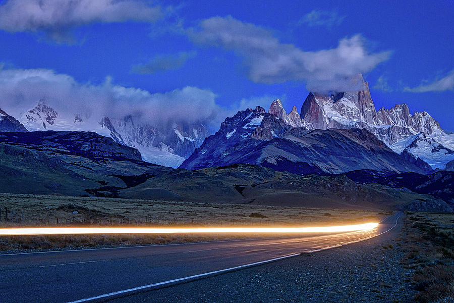 Fitz Roy and Car Lights Photograph by Stuart Litoff