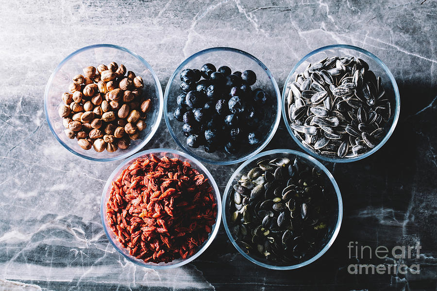Nature Photograph - Five bowls of colorful healthy snacks by Michal Bednarek