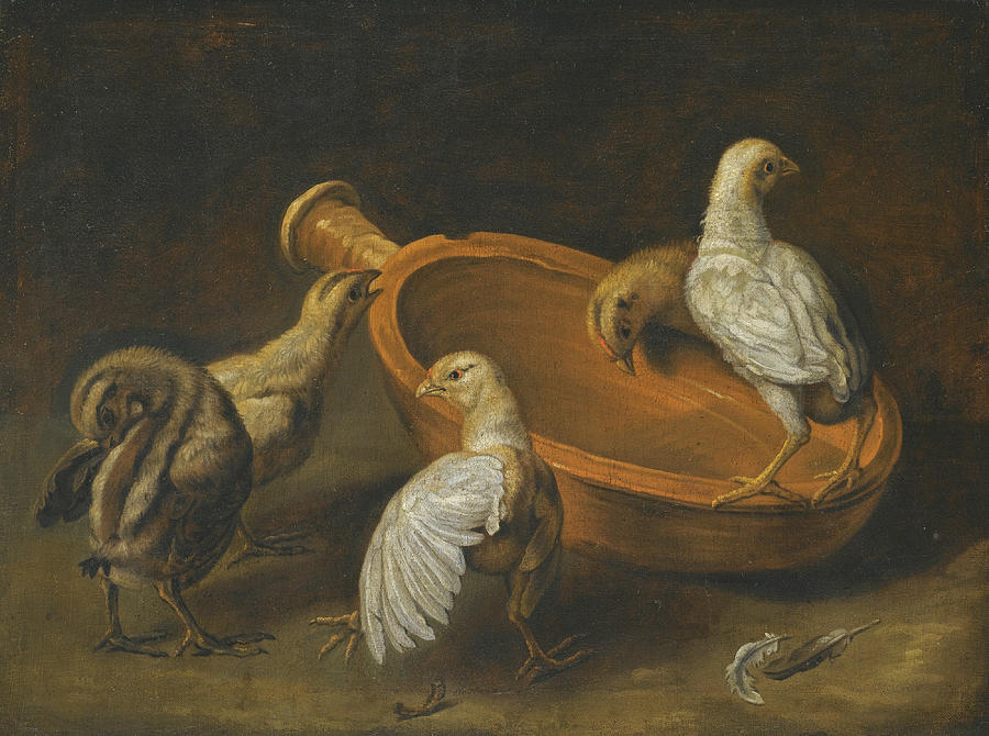Five Chicks assembled around a Bowl of Water Painting by Jacobus Victors