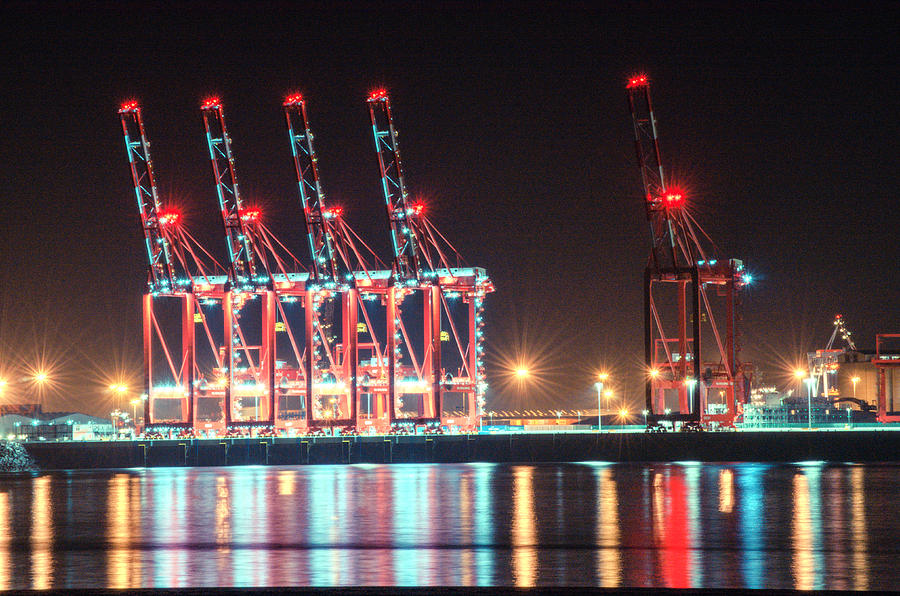 five cranes at Port of Liverpool Photograph by Spikey Mouse Photography