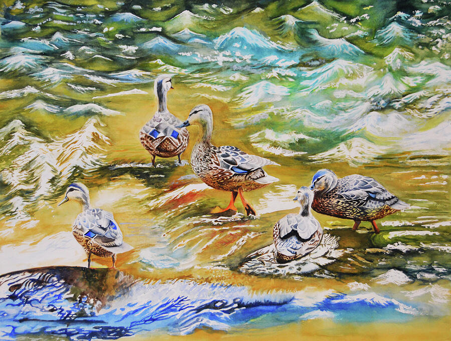 Five Ducks Painting by Marcela Hampel