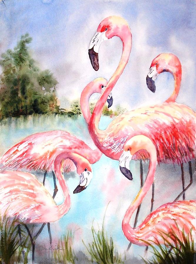 Five Flamingos Painting by Diane Kirk
