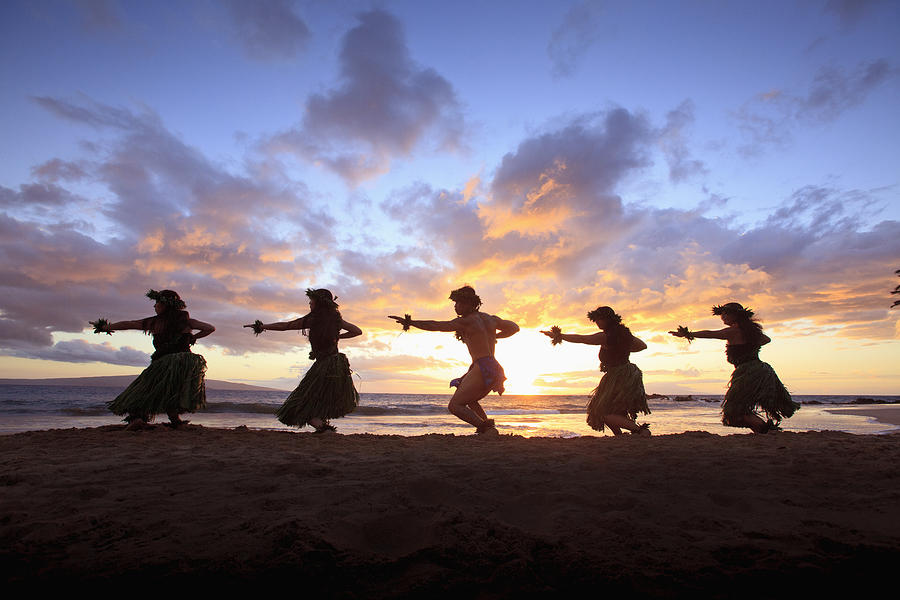 Five Hula Dancers At Sunset At The Beach At Palauea Photograph by David Olsen