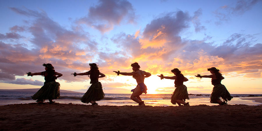 Five Hula Dancers At Sunset Photograph by David Olsen