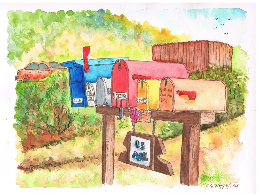 Five Mail Boxes In Route 1, San Simeon, California Painting