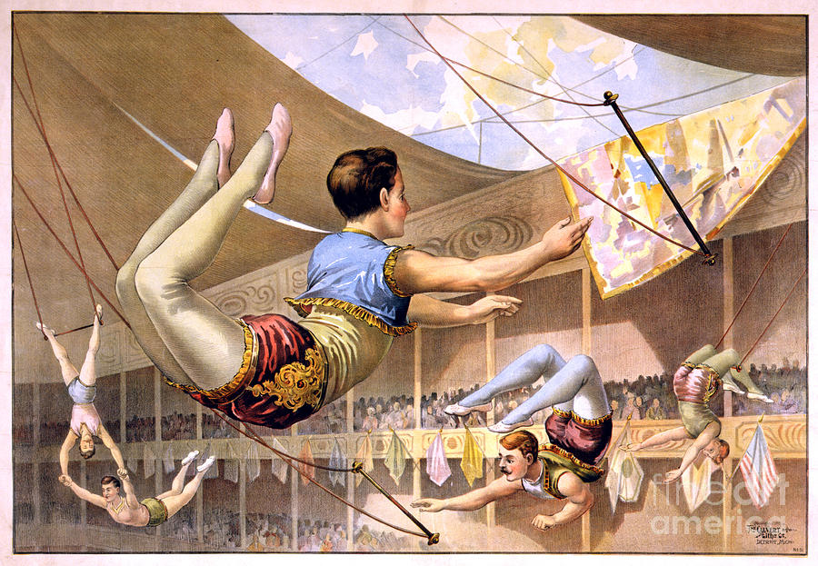 Five male trapeze artists performing at a circus  Painting by Celestial Images
