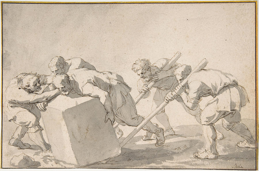 Five Men Pushing a Block of Stone Drawing by Jacques Stella