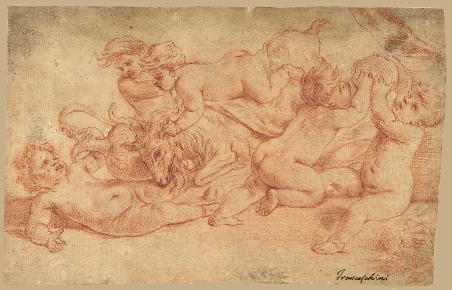 Five Putti Playing with a Goat. Bacchanalia Drawing by Carlo Cignani