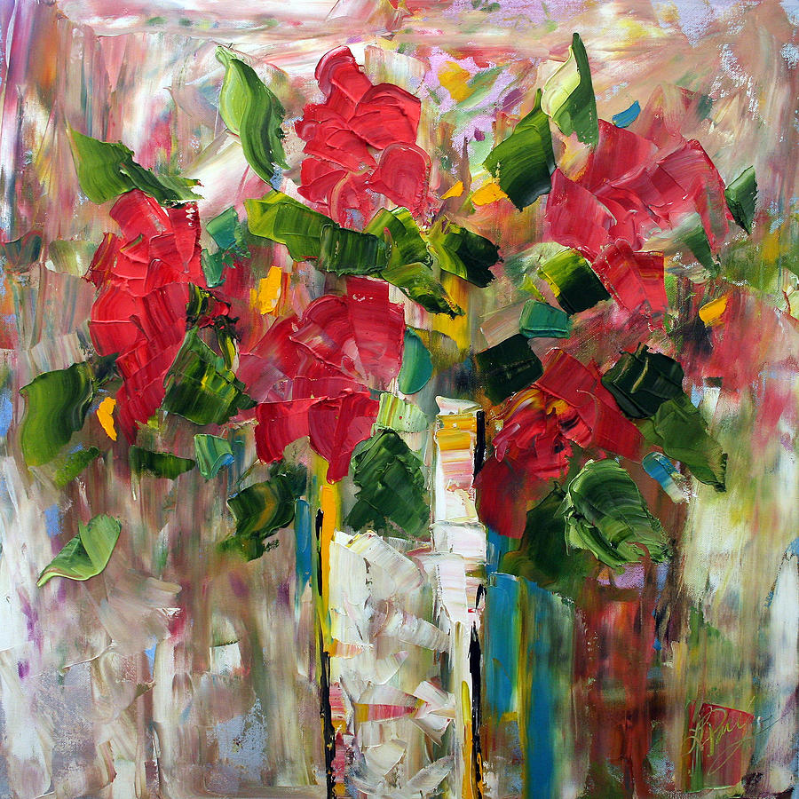 Five Red Flowers Painting by Laurie Pace