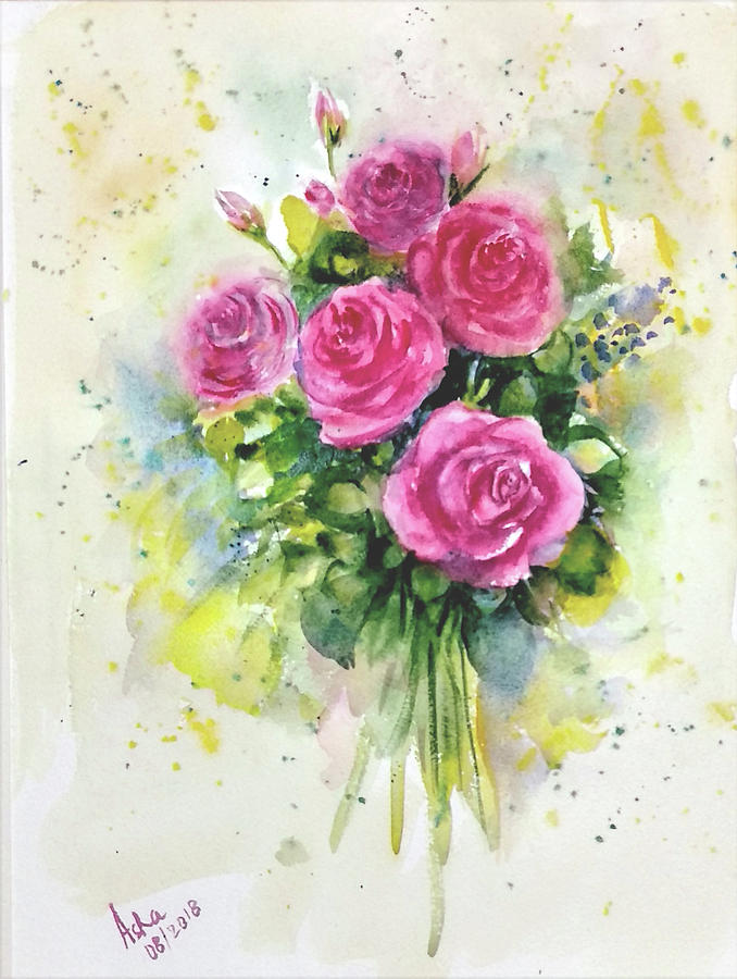 Five roses bunch Painting by Asha Sudhaker Shenoy