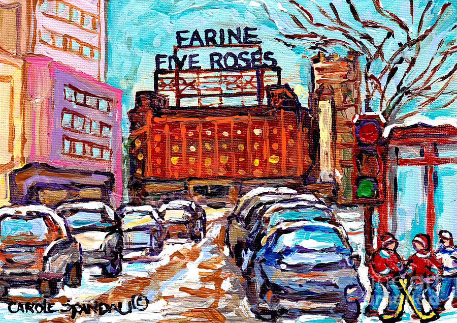 Five Roses Sign Montreal Landmark Marquee Street Hockey Painting Canadian Artist Carole Spandau      Painting by Carole Spandau