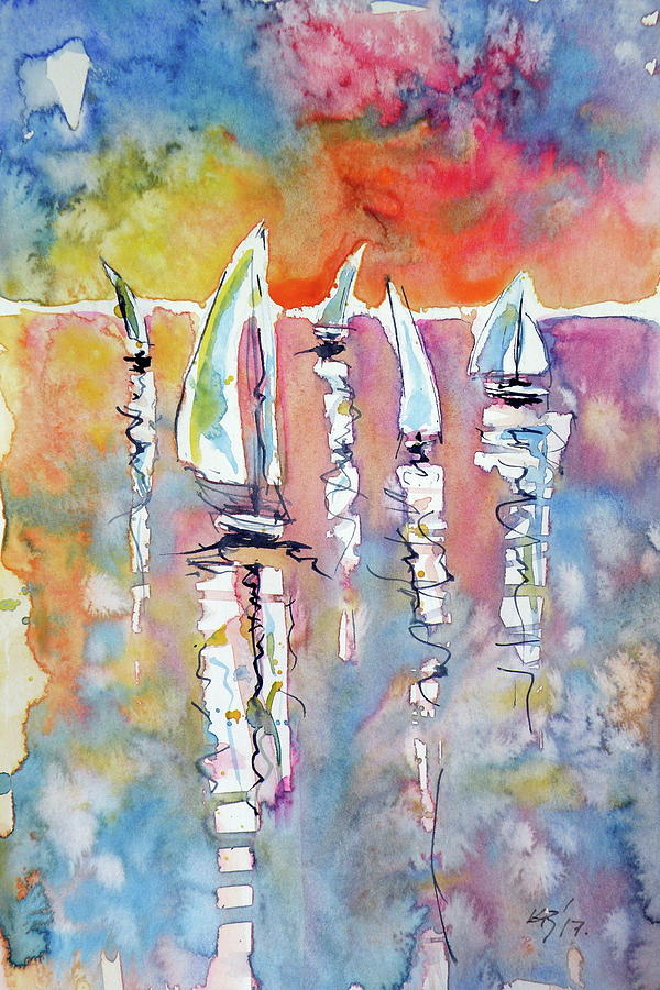 Five sailboats Painting by Kovacs Anna Brigitta