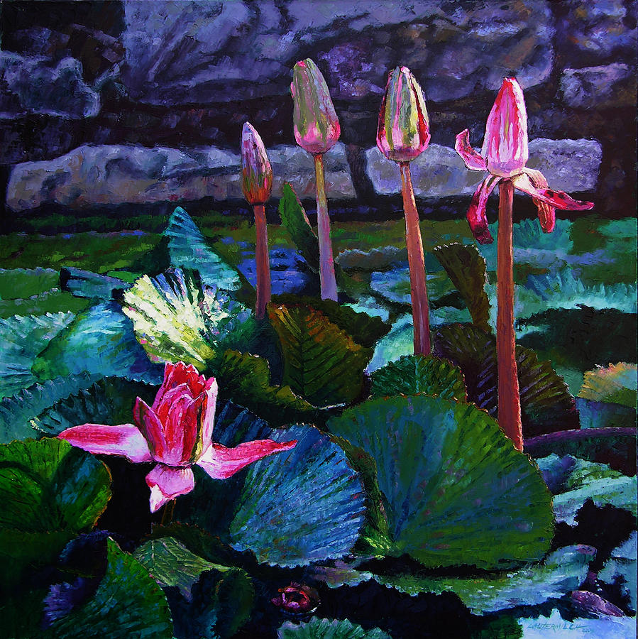 Water Lilies Painting - Five Stages to Beauty by John Lautermilch