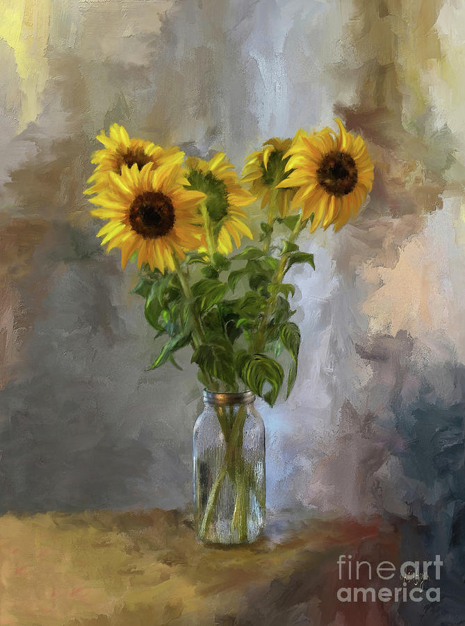 Sunflower Digital Art - Five Sunflowers Centered by Lois Bryan