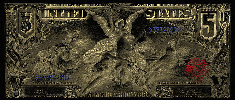 Money Digital Art - Five U.S. Dollar Bill - 1896 Educational Series in Gold on Black  by Serge Averbukh