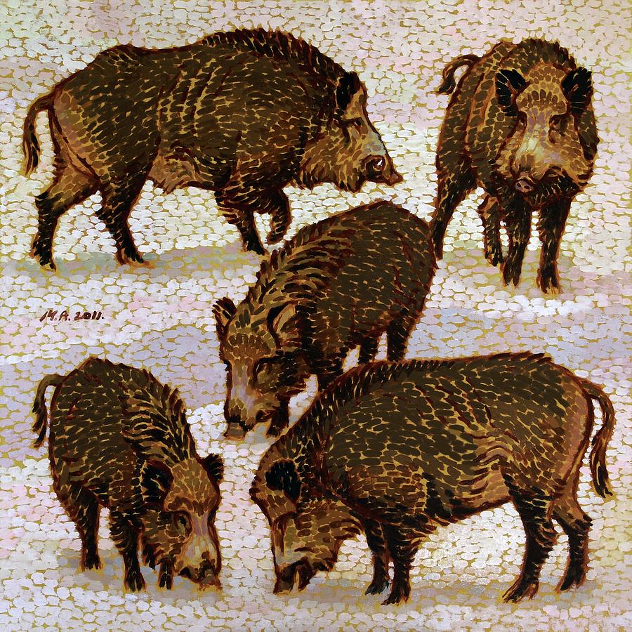Five Wild Boars Painting by Attila Meszlenyi