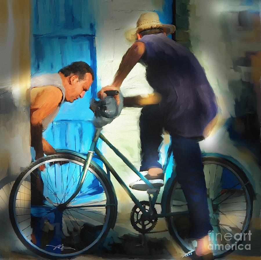 Fixing A Bike - Cuba Painting by Bob Salo