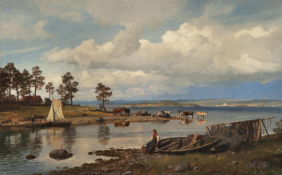 Fjord Landscape with People Painting by Hans Gude