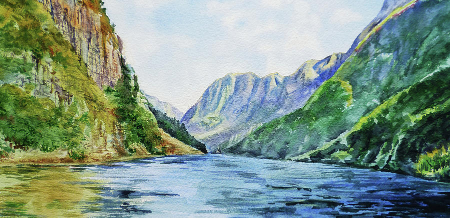Fjord Of Norway Watercolor Landscape  Painting by Irina Sztukowski