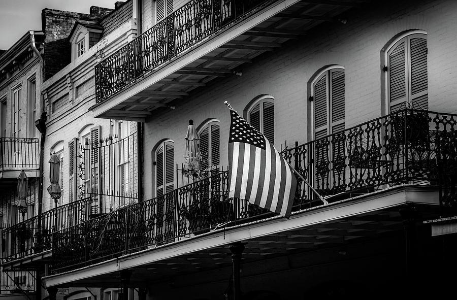 Flag And Balcony In Black and White Photograph by Greg and Chrystal Mimbs