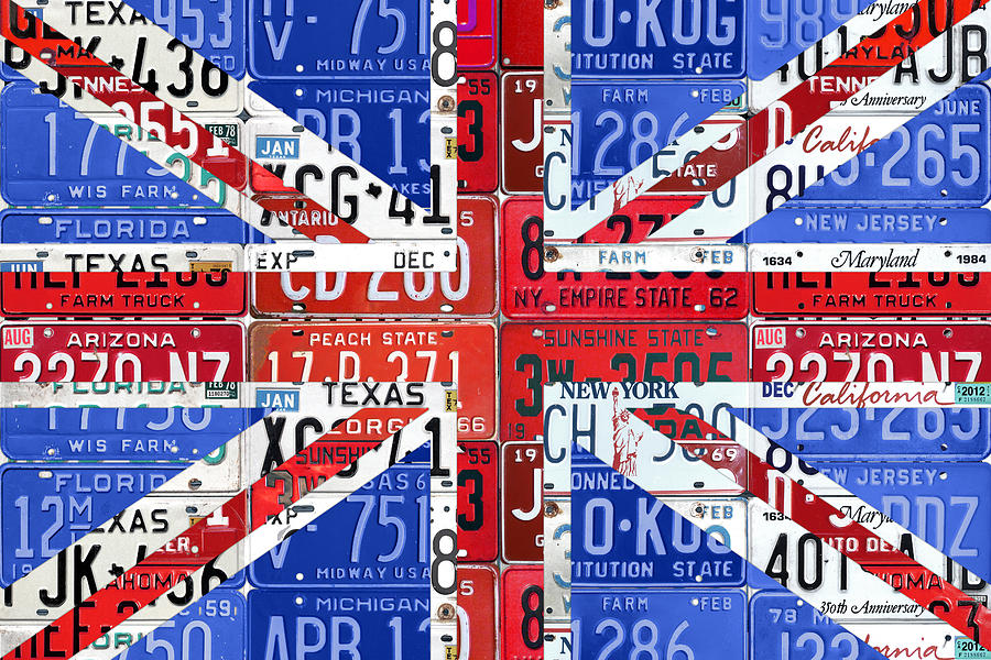 Vintage Mixed Media - Flag of United Kingdom Great Britain Union Jack from Recycled Vintage American License Plates by Design Turnpike
