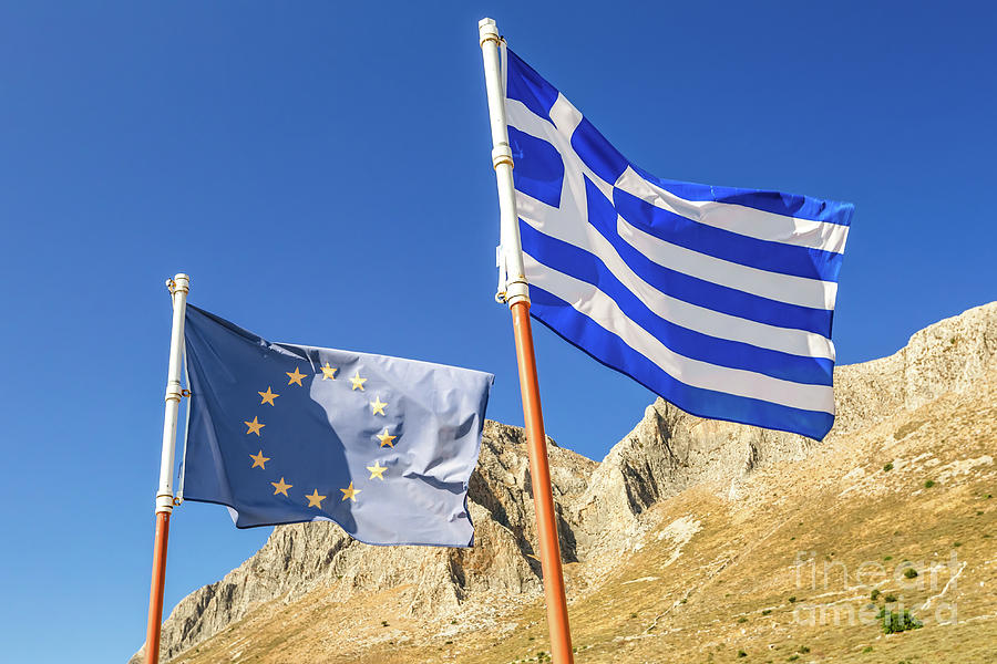 Flags of Greece and Europe Photograph by Benny Marty