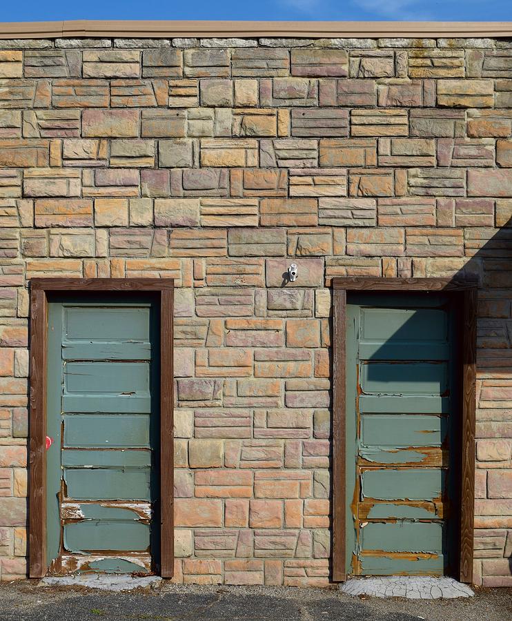 Flagstone Photograph - Flagstone Wall and Two Green Doors by Timothy Smith