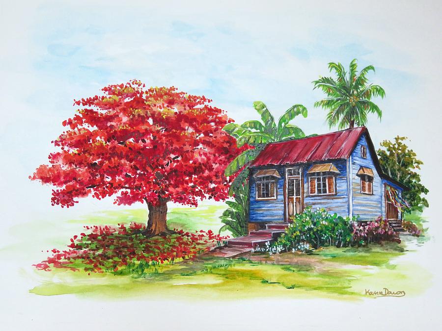 Trinidad House Painting - Flamboyant And House by Karin  Dawn Kelshall- Best