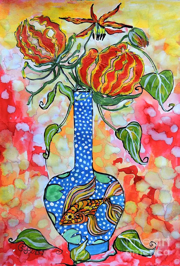 Lily Painting - Flame Lily in Goldfish Vase by Caroline Street