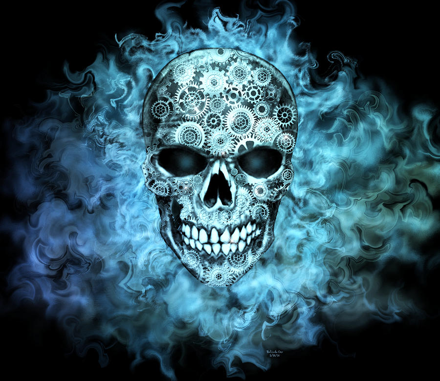 Abstract Digital Art - Flaming Steampunk Skull by Artful Oasis