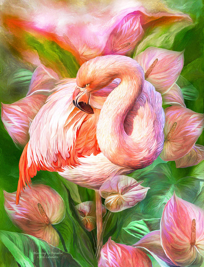 Flamingo Mixed Media - Flamingo and Flowers - Blooming In Paradise by Carol Cavalaris