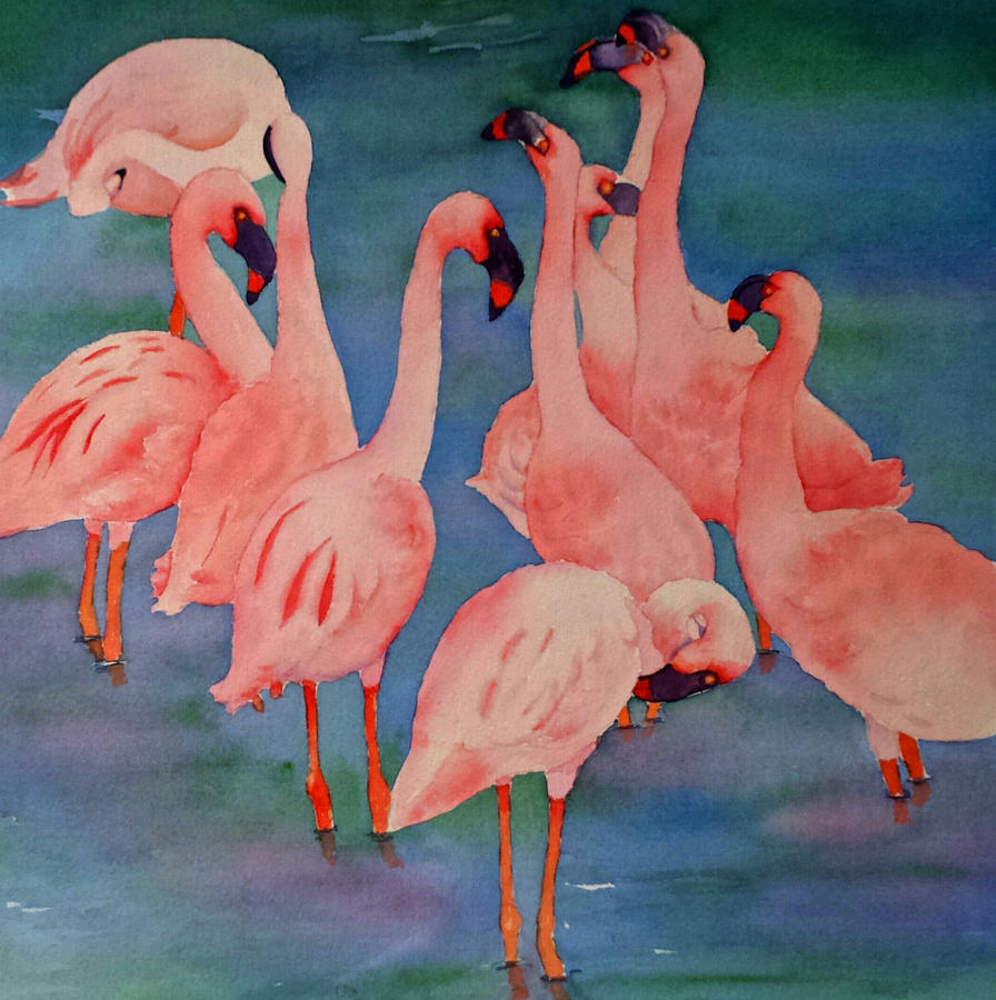 Flamingo Painting - Flamingo Convention in the Square by Judy Mercer