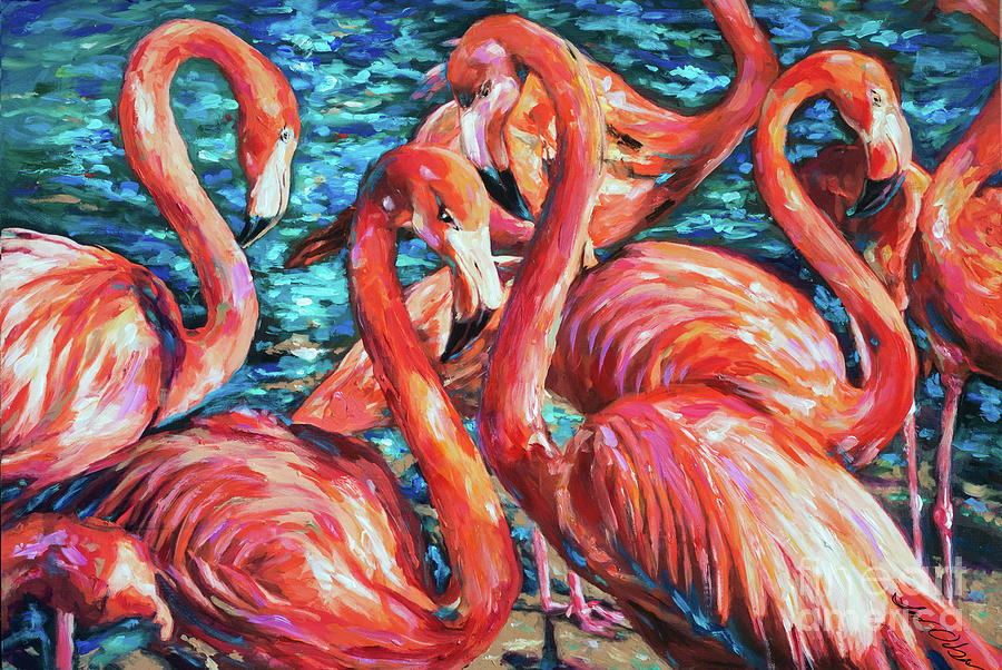 Flamingo Gossip Painting by Linda Olsen