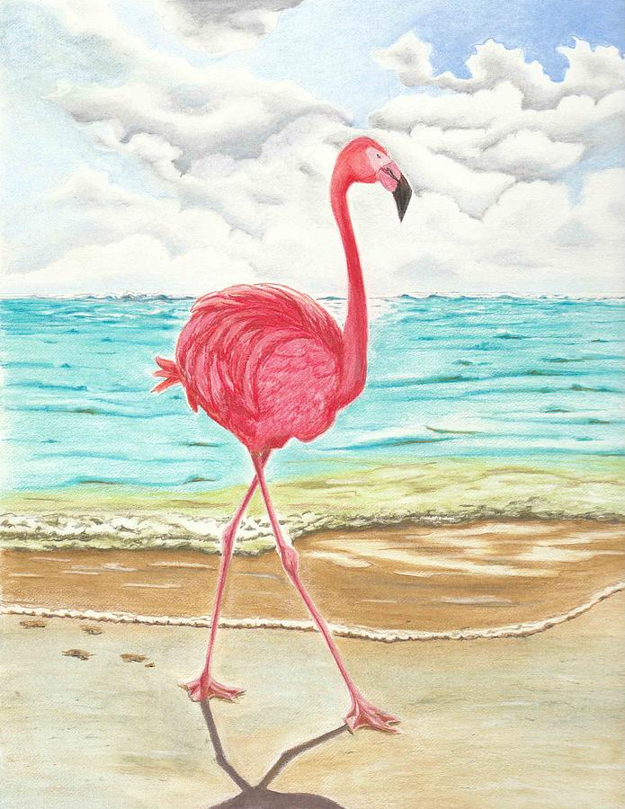 Flamingo on the beach Drawing by Melanie Moon