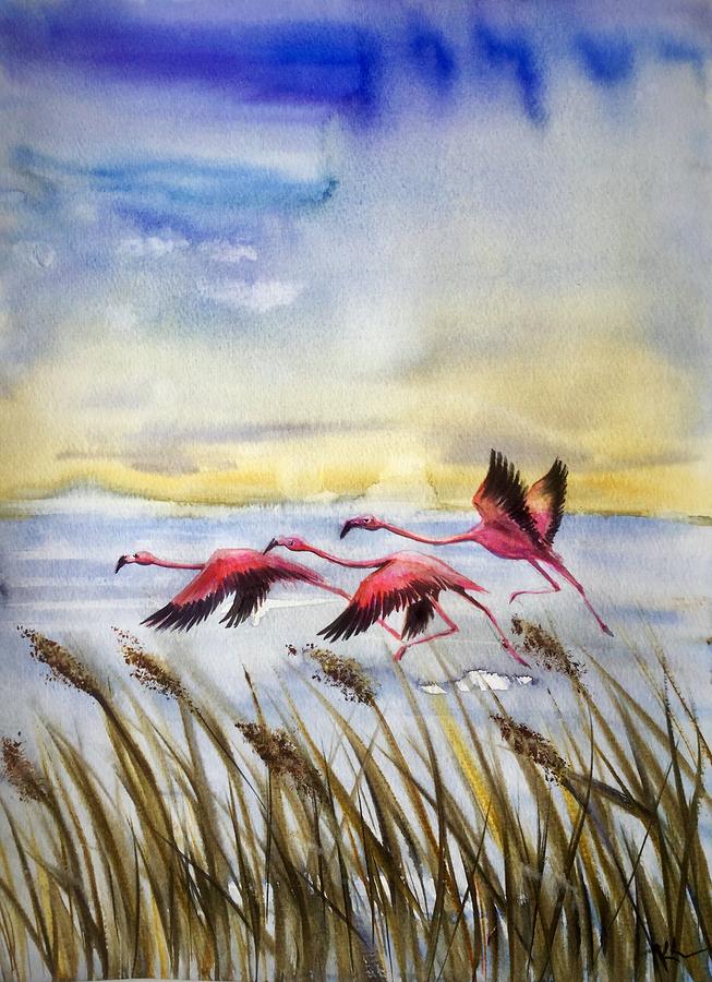 Flamingoes flight Painting by Katerina Kovatcheva