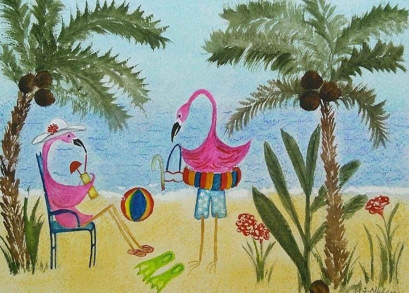 Flamingos at the beach Painting by Susan Nielsen