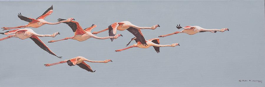 Flamingos in Flight Painting by Alan M Hunt