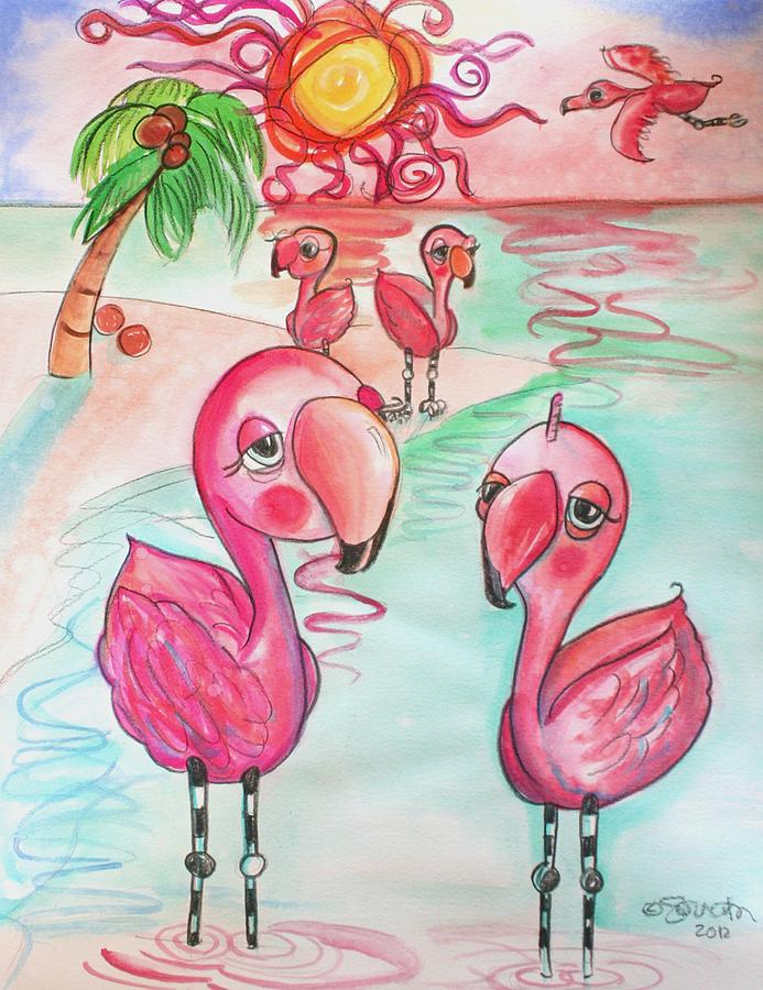 Flamingos in the Sun Painting by Shelley Overton