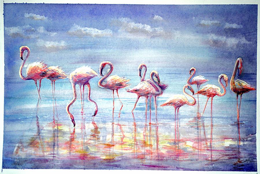 Flamingos paradise Painting by Katerina Kovatcheva