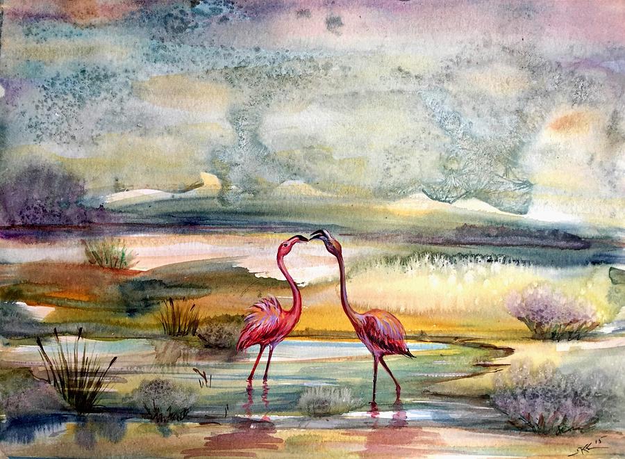 Bird Painting - Flamingos pond 2 by Katerina Kovatcheva