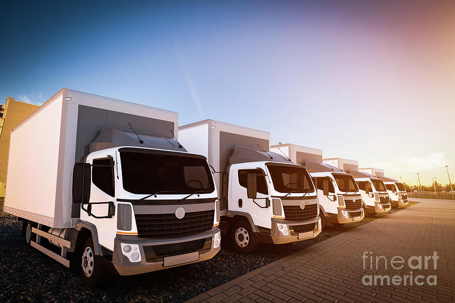 Transportation Photograph - Fleet of commercial delivery trucks on cargo parking by Michal Bednarek